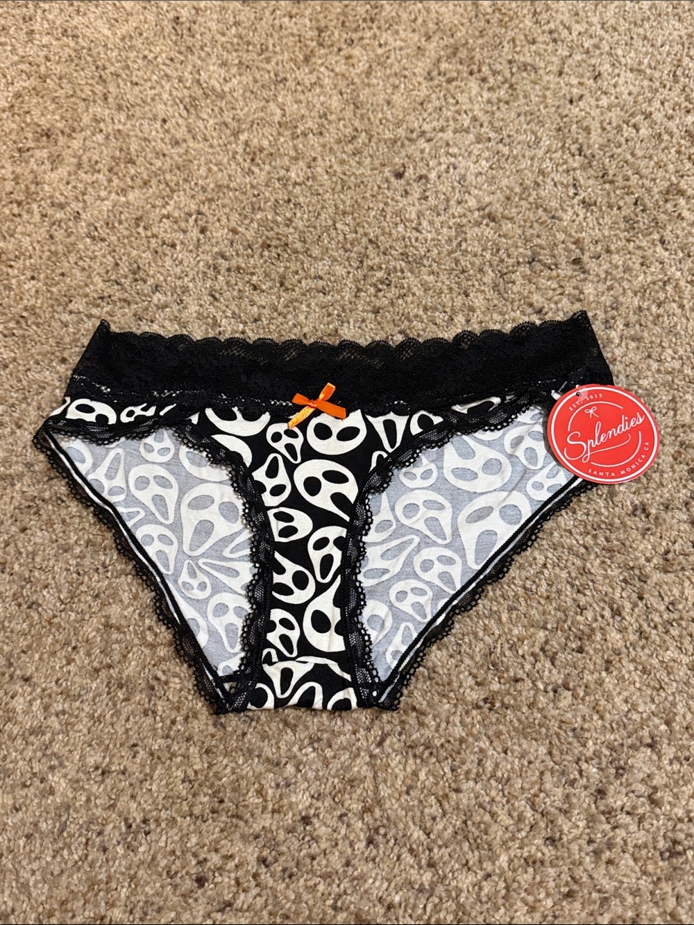 Splendies Black & White Ghost-Print Lace Bikini with Orange Bow